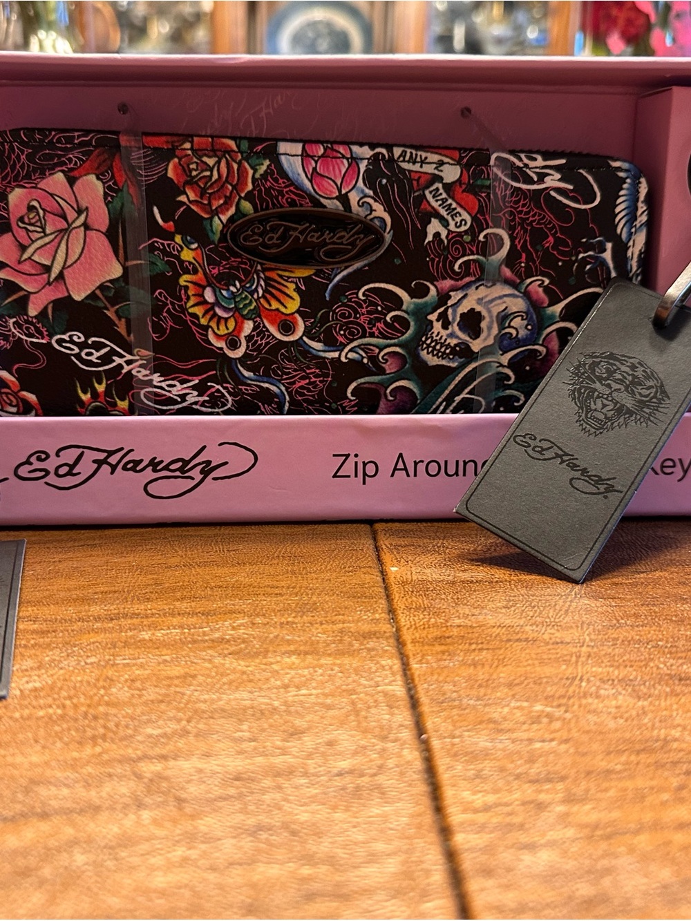 Ed Hardy Zip Around Black Wallet with Pink Floral &  Tattoo Print Gift Box Set
